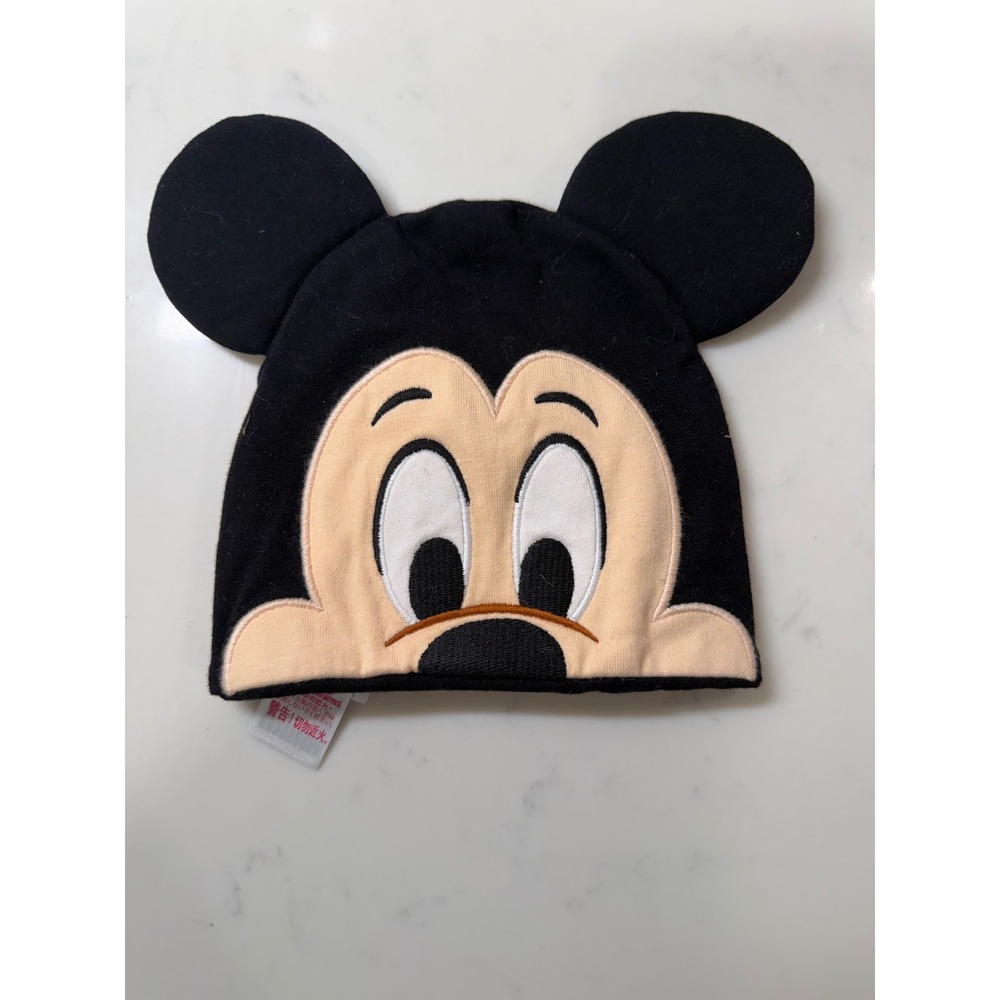 Disney Baby Mickey Mouse Black Beanie Hat with Ears 9-12M Embroidered Cap